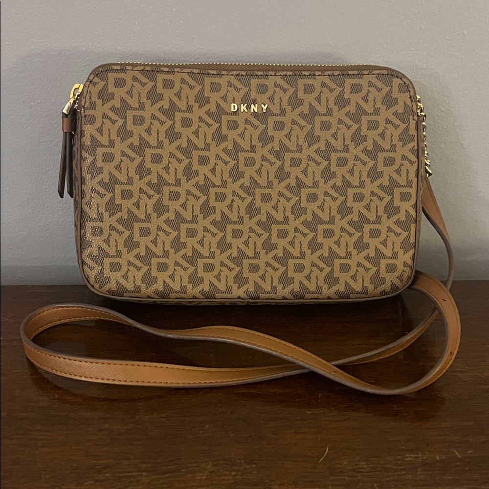 DKNY Tan and Brown Patterned Crossbody Bag
